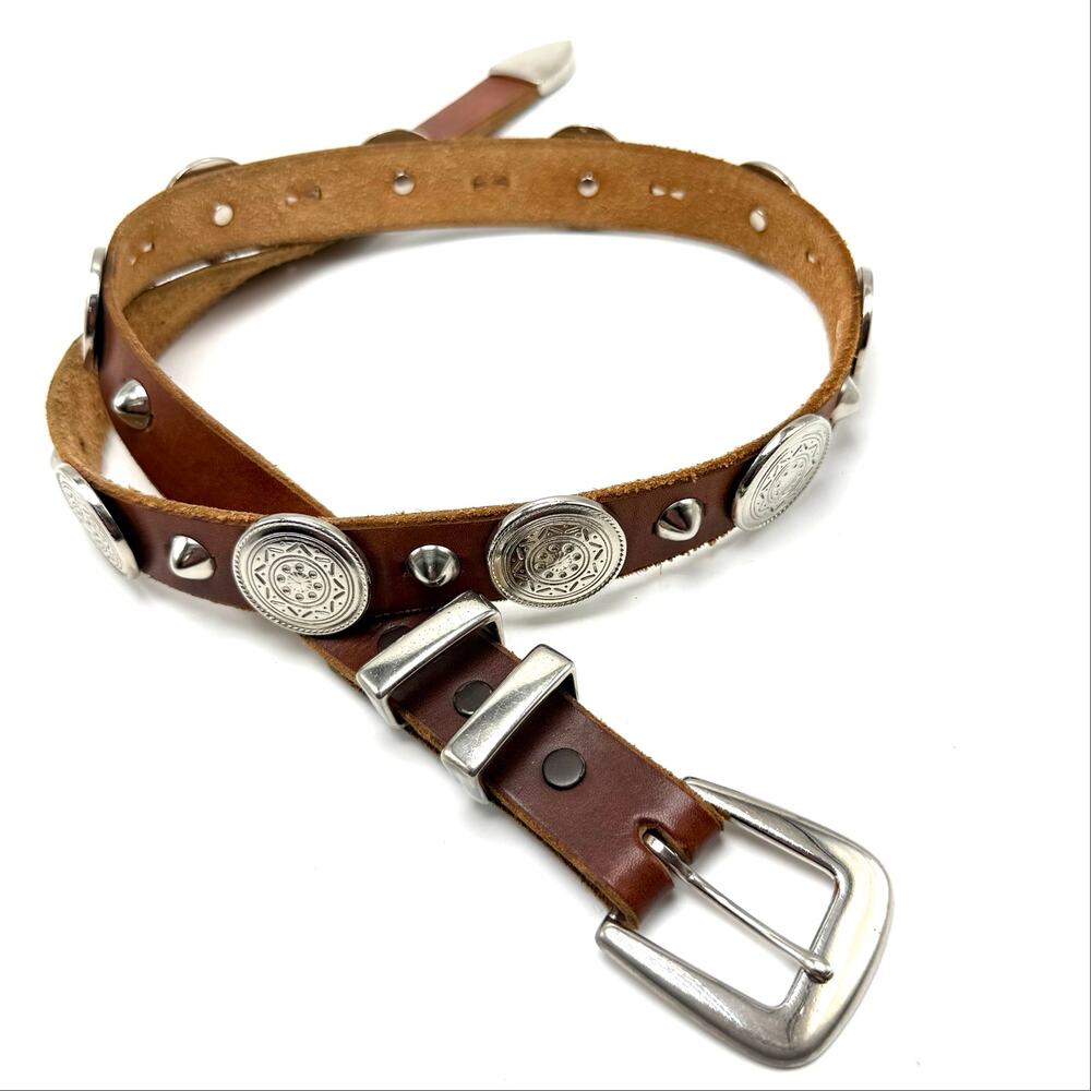 Studded Western Concho Belt 30 Brown Leather Silver Medallion Cowboy Cowgirl USA